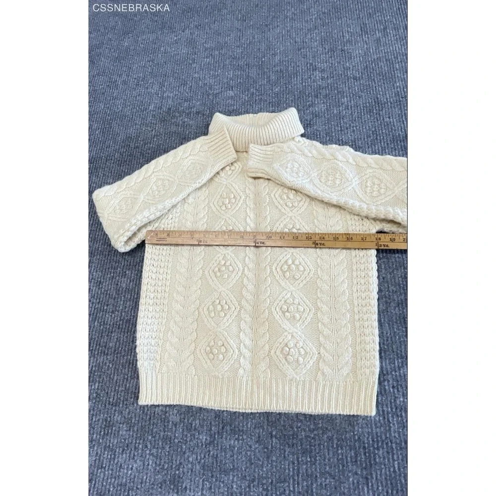 Vintage 80s Hand Loomed Women's Cream 100% Virgin Wool Zip Turtleneck Sweater L